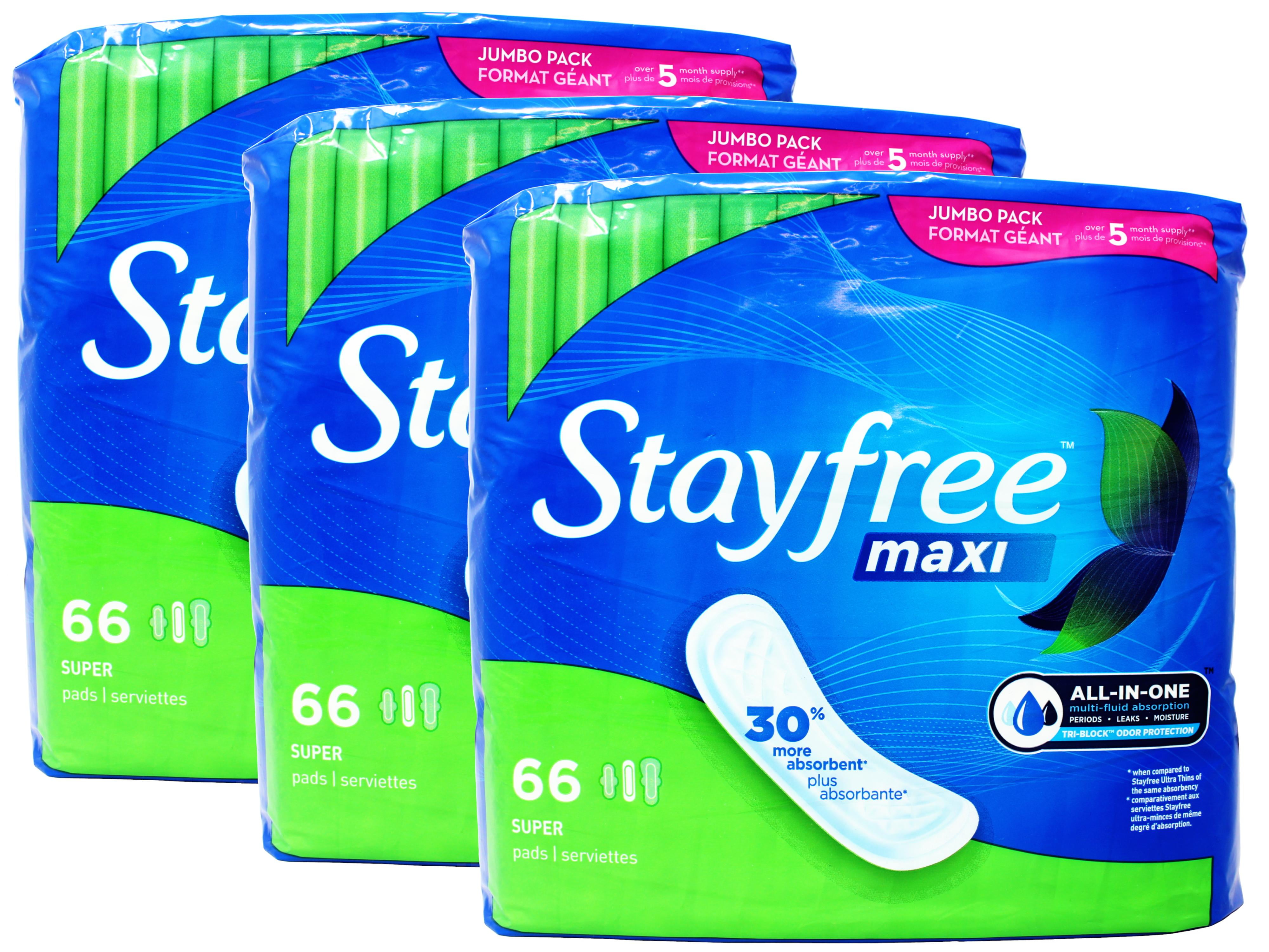 3 Pack - Stayfree Maxi Super Pads Wingless, Absorbs 30% More, Multi-Fluid Absorption, Comfortably Dry for up to 8 Hours, 66 Ct