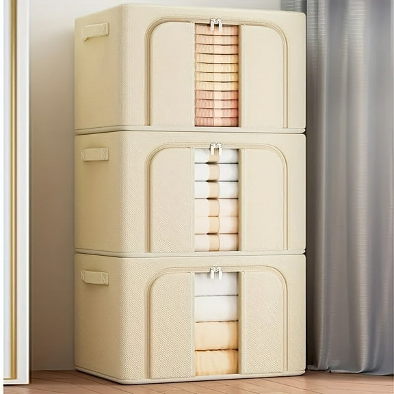 3-Pack Steel Frame Oxford Storage Boxes - 17.44gal Stackable Quilt Organizers with Window, Home Wardrobe Sorting Containers for Clothing Bedding