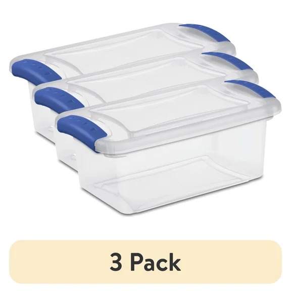 (3 Pack) Sterilite 7 Quart Latch Box, Clear Plastic Storage Bin With Lid, Blue