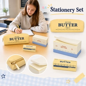 3 Pack Stick of Butter Stationery Set, Pencil Case, Sticky Notes Pad & Eraser, Back to School Funny Gift