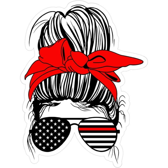 3 Pack - StickerDad® Messy Bun Thin Red Line by StickerDad® Full Color Printed Bumper Sticker - (Size: 6" x 4") for Cars, Trucks, Windows, Bumpers, Laptop, Lockers, etc.