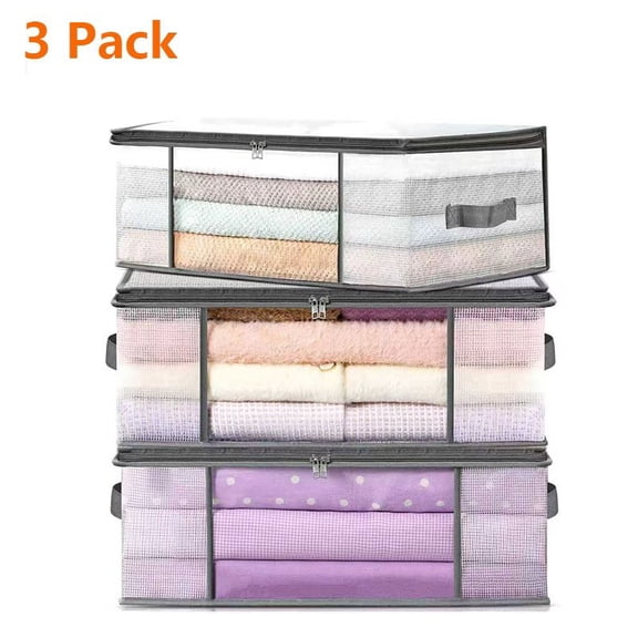 3 Pack Storage Bags, 35L Foldable Clothes Storage Bins with Lids, Closet Organizers Blanket Storage Bags with Zippers Clear Window Sturdy Handles for Clothing Bedding Comforter Sweater Pillows (Gray)