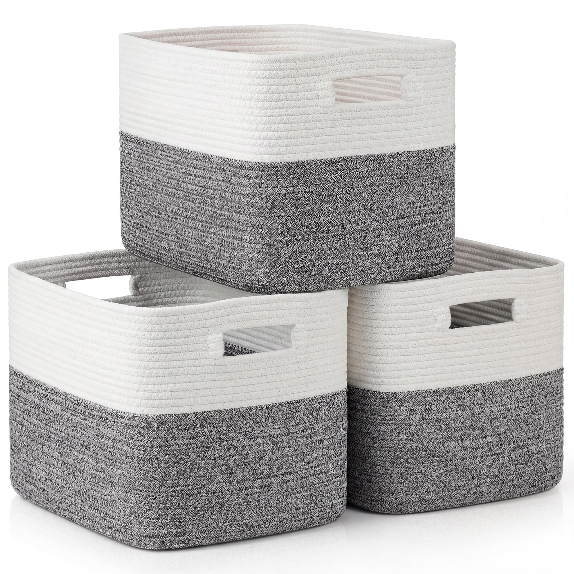 3 Pack Storage Basket, 11"x11"x9" (18L) Rectangle Woven Baskets for Storage, Cotton Rope Basket for toys, Towel Baskets, Closet Organizer Bins Shelves Organizer, Decorative Basket(Gray& White)