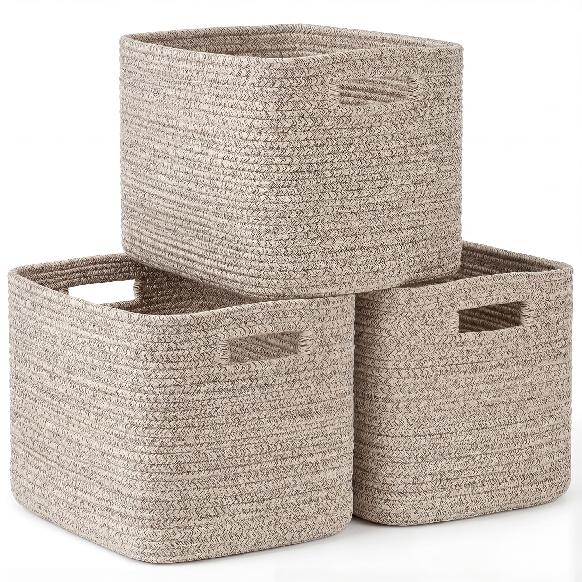 3 Pack Storage Basket, 11"x11"x9" (18L) Rectangle Woven Baskets for Storage, Cotton Rope Basket for toys, Towel Baskets, Closet Organizer Bins Shelves Organizer, Decorative Basket(Brown)