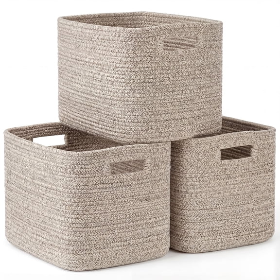 3 Pack Storage Basket, 11"x11"x9" (18L) Rectangle Woven Baskets for Storage, Cotton Rope Basket for toys, Towel Baskets, Closet Organizer Bins Shelves Organizer, Decorative Basket(Brown)