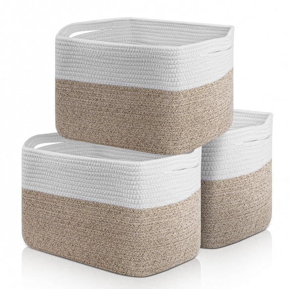 3 Pack Storage Basket, 11”x11”x9” (18L)Rectangle Woven Baskets for Storage, Cotton Rope Basket for toys, Towel Baskets, Closet Organizer Bins Shelves Organizer, Decorative Basket(Brown&White)