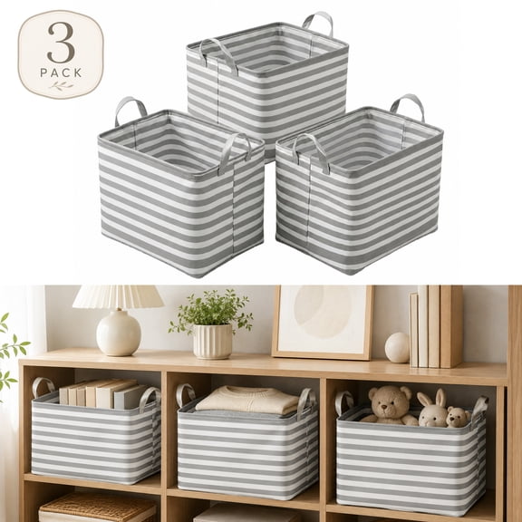 3 Pack Storage Baskets, Grey White Striped Canvas Collapsible Organizer Bins, Baskets for Shelves and Organizing, Closet Storage Basket for Bedroom, Laundry and Home