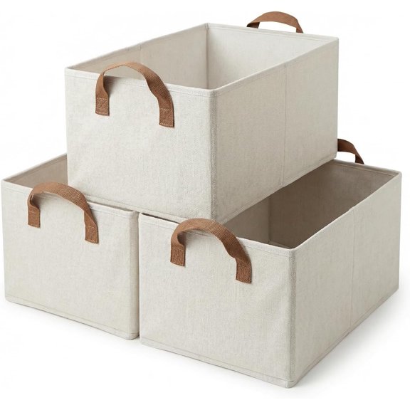 3 Pack Storage Bins Fabric Collapsible Organizers with Handles Sturdy Canvas with PP Board 17.9x 11x 7.9 Beige Foldable Storage Box for Closet Shelves, Books, Toys, Clothes, Office Organization