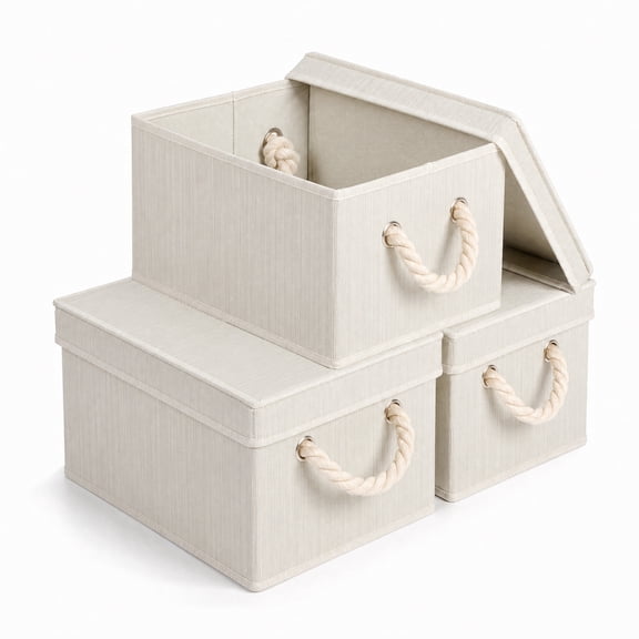 3 Pack Storage Bins with Lids Collapsible, Fabric Storage Boxes with Rope Handles for Shelf Closet Organizer, Foldable Decorative Bins for Clothes Toys - 11.8x9.1x6.7in Beige