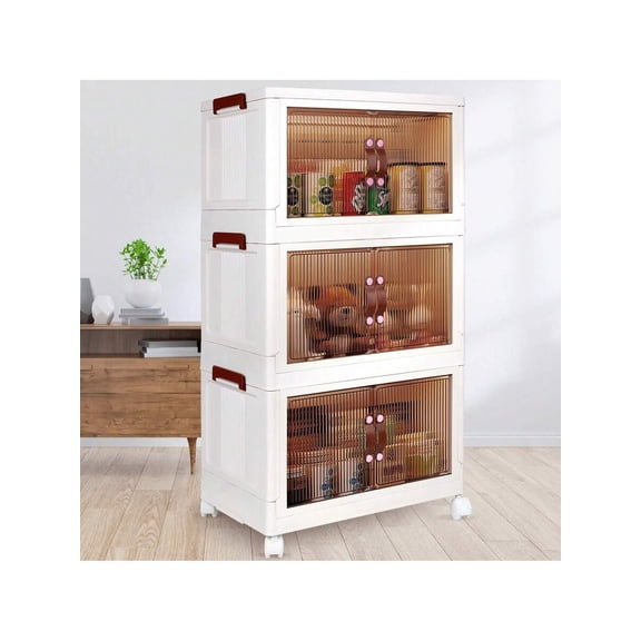 3 Pack Storage Bins With Lids, Portable Closets Folding Storage Box With Doors And Wheels, Collapsible Plastic Storage Bins For Closets, Stackable Storage Organizer, Storage Containers For Closet