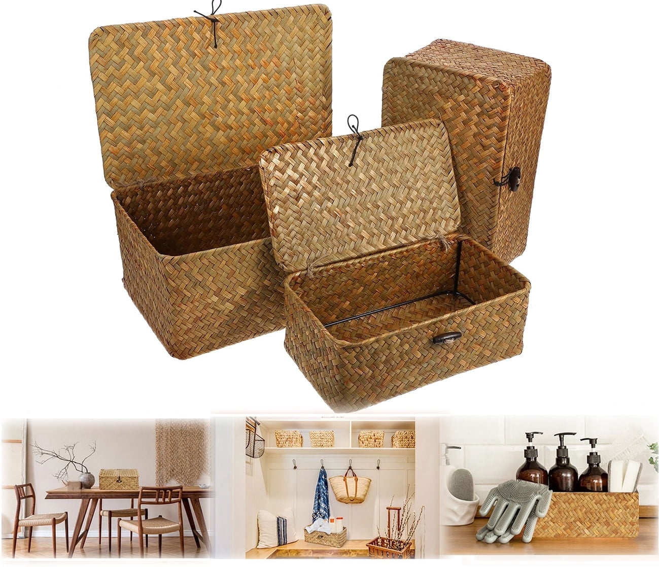 3 Pack Storage Boxes, Large Storage Bins with Lids, Wicker Storage Basket, Closet Storage Baskets for Bathroom, Living Room, Kitchen, Natural (9"+10"+11")