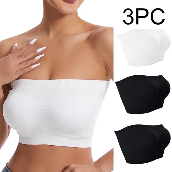 3 Pack Strapless Bras for Women No Underwire Non-Slip Push Up Bandeau Underwear Comfort Stretchy Pullover Multipack Seamless-Bralettes