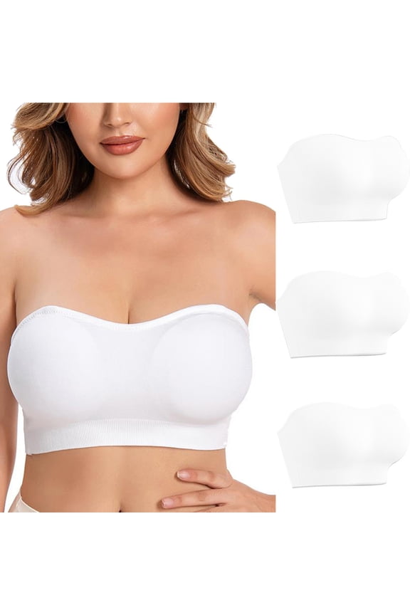3 Pack Strapless Bras for Women Wireless Clear Straps Push Up Bandeau Bra Non-Slip Seamless Padded Tube Bralette(White 34BC)