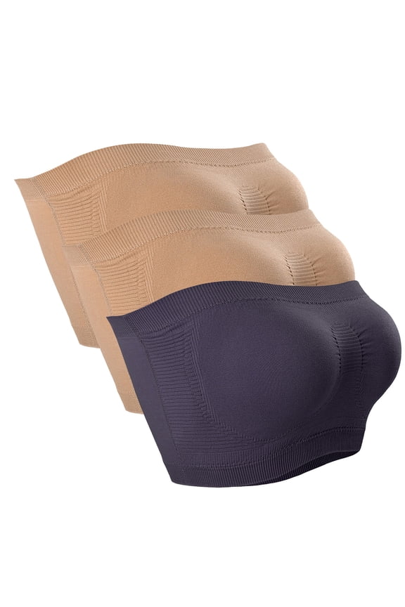 3-Pack Strapless Wireless Bras for Women Comfort Bandeau Ribbed Plus Size Bralette Stretch Tube Top Full Coverage Push Up Bra, Gray