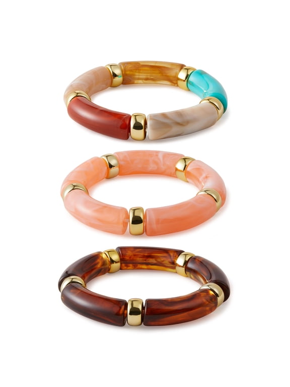 3 Pack Stretch Stacking Bracelets, Gold Plated Brass & Colorful Acrylic Bamboo Tube Bead Bangles, Summer Handmade Layering Jewelry for Women