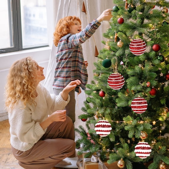 3 Pack Striped Glitter Christmas Ball Ornaments, 3.15 in Shatterproof Plastic Hanging Baubles in Red Gold Silver Pink, White Trim Sparkly Spheres for Luxurious Xmas Tree Home Holiday Decor