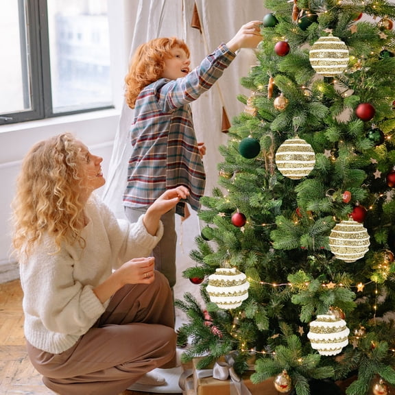 3 Pack Striped Glitter Christmas Ball Ornaments, 3.15 in Shatterproof Plastic Hanging Baubles in Red Gold Silver Pink, White Trim Sparkly Spheres for Luxurious Xmas Tree Home Holiday Decor