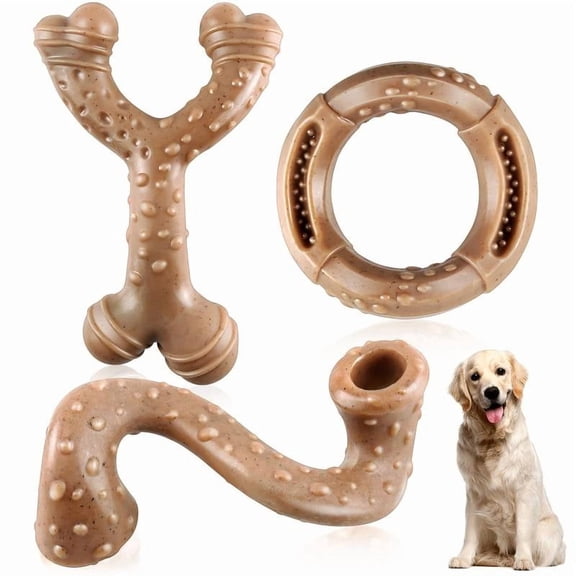 3 Pack Dog Toys for Aggressive Chewers,Meat Flavors Dog Chew Toy, Extra Durable Rubber Bones for Large Breed