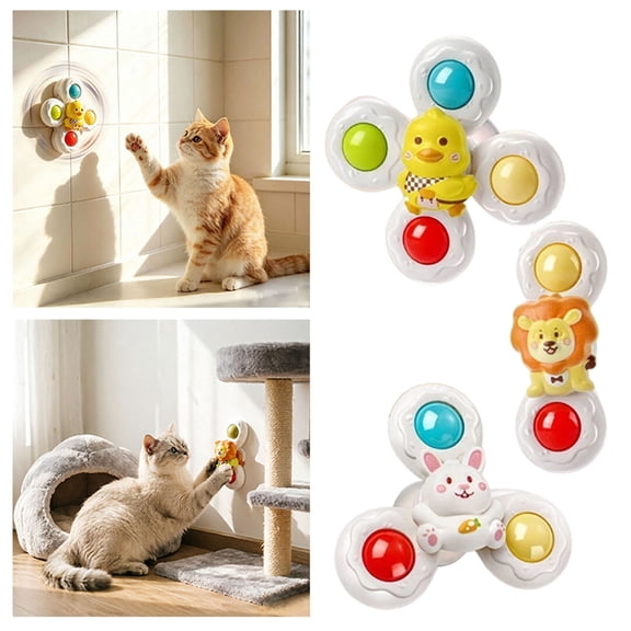 3 Pack Suction Cup Cat Spinner Toy Interactive Rotating Windmill Toy For Indoor Cat Wall Window Play(White-3PCS)