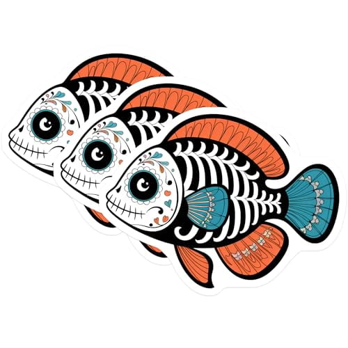 (3 Pack) Sugar Skull Fish Decals - Day of The Dead - Calavera Art - 3 Inches On Longest Side - Easy Peel & Apply - Made in USA - 3MCS8226
