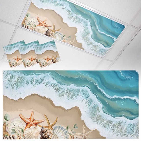 3 Pack Summer Beach Fluorescent Light Covers for Ceiling Lights Spray Ocean Waves Sand Seashell Starfish Magnetic Ceiling Light Covers Overhead Light Filters for Office Classroom Home