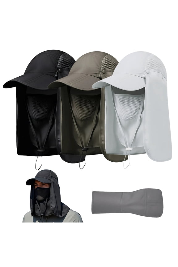 3 Pack Sun Hats for Men with Breathable Mesh, Sun Protection Fishing Hat with Neck Flap Face Cover Hiking Cycling (Black + Army Green + Light Grey)