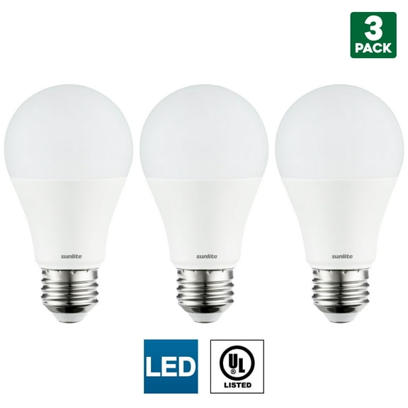 3 Pack Sunlite A19 LED Bulbs, 9 Watt (60 Watt Equivalent), 800 Lumens, Medium (E26) Base, 6500K Daylight, UL Listed