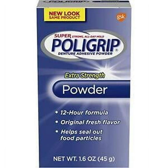 3 Pack Super Poligrip Extra Strength 12h Denture Adhesive Powder, 1.6 Oz Each