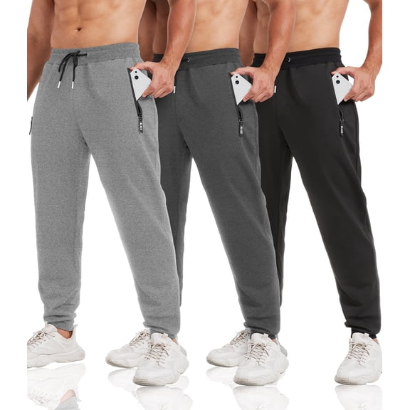 Potopok 3 Pack Sweatpants for Men Tapered Mens Joggers Pants with Zip Pockets Slim Fit Running Gym Sweat Pants Gifts for Men