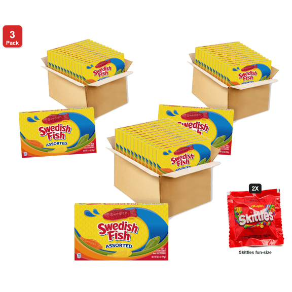 3 Pack | Swedish Fish Assorted Soft and Chewy Candy, 12 Boxes x 3.5 oz Each, with 2 Skittles Fun Size