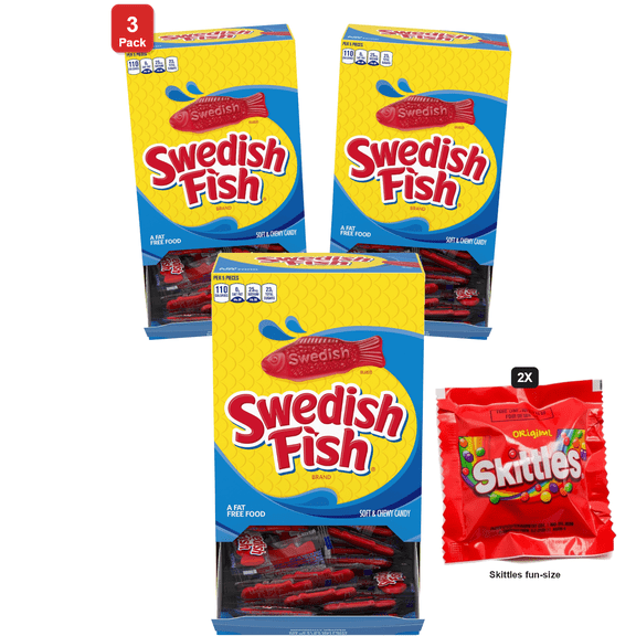 3 Pack | Swedish Fish Individually Wrapped Soft and Chewy Candy, 240 Count Box, with 2 Skittles Fun Size