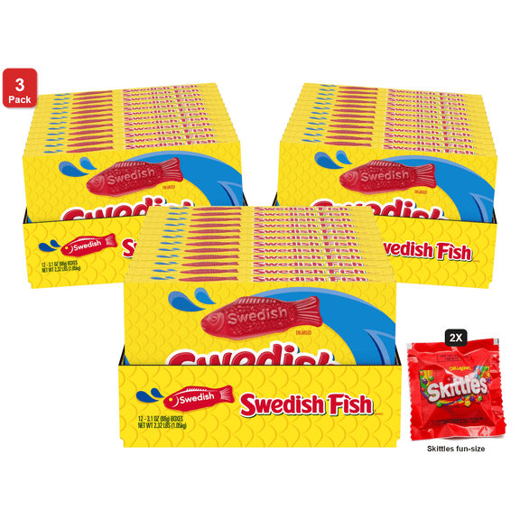 3 Pack | Swedish Fish Soft and Chewy Candy, 12 Boxes x 3.1 oz Each, with 2 Skittles Fun Size
