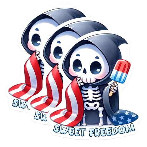 (3 Pack) Sweet Freedom Decals - Patriotic Grim Reaper - Popsicle Laptop Decals - 3 Inches On Longest Side - Easy Peel & Apply - Made in USA - 3MCS6675