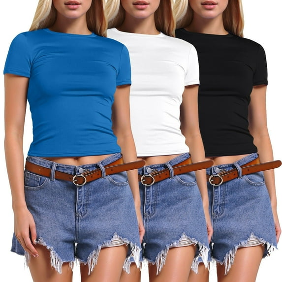 3 Pack T Shirts for Women Short Sleeve Skinny Stretchy Soft Basic Tops Slim Fit Cropped Solid Color Comfortable Casual Tees Blue XS