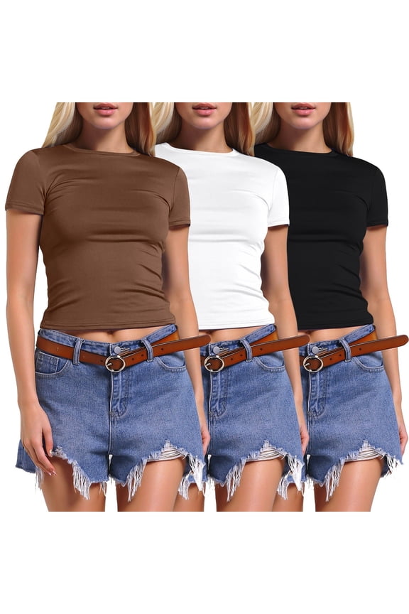 3 Pack T Shirts for Women Short Sleeve Skinny Stretchy Soft Basic Tops Slim Fit Cropped Solid Color Comfortable Casual Tees Coffee XS
