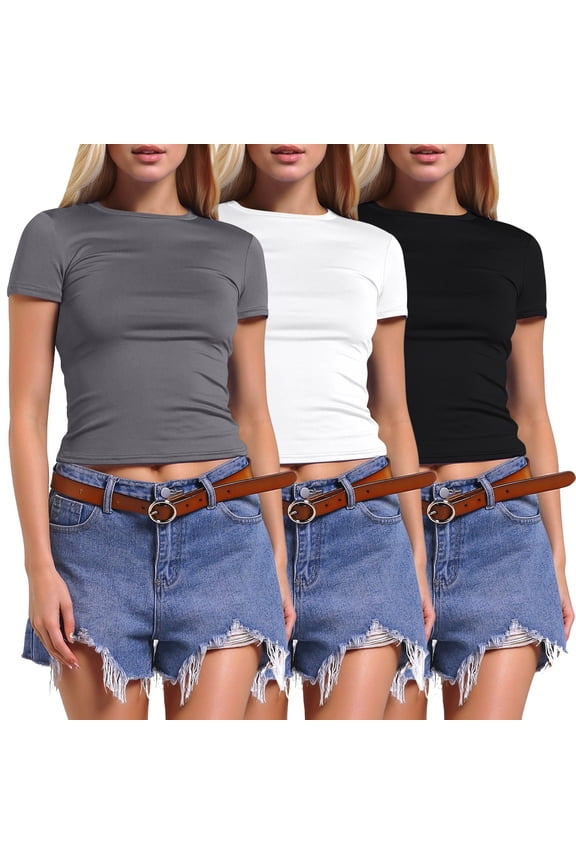 3 Pack T Shirts for Women Short Sleeve Skinny Stretchy Soft Basic Tops Slim Fit Cropped Solid Color Comfortable Casual Tees Dark Gray L