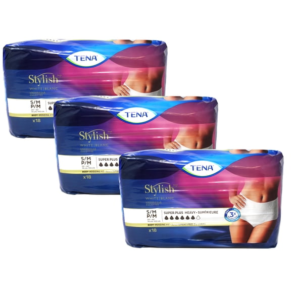 TENA Stylish White Underwear Super Plus Heavy Absorbency S M Body Hugging Fit 18 Count (Pack of 3)