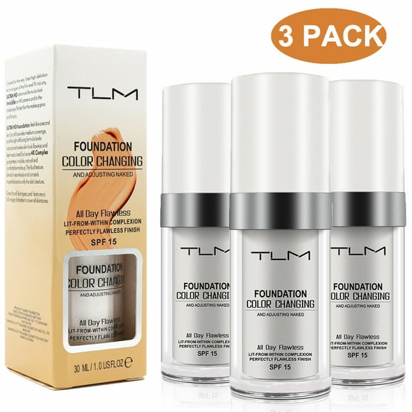 3 Pack TLM Color Changing Foundation, All Day Flawless Finish Liquid Base Makeup Nude Face Concealer Cover Cream SPF 15
