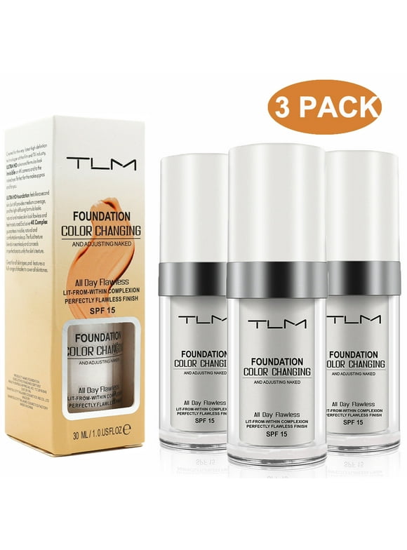 3 Pack TLM Color Changing Foundation, All Day Flawless Finish Liquid Base Makeup Nude Face Concealer Cover Cream SPF 15