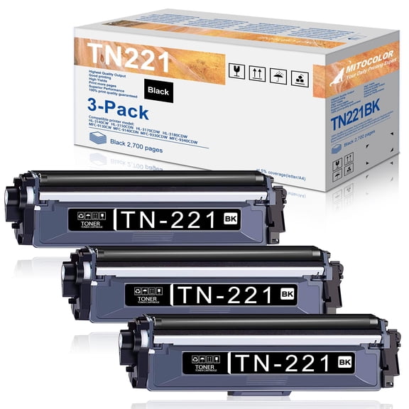 3-Pack TN221BK TN-221 Black Toner Cartridge Replacement for Brother TN221 TN-221BK MFC-9130CW HL-3170CDW HL-3140CW MFC-9330CDW Printer