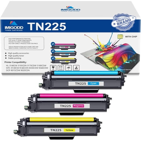 3-Pack TN225 C/M/Y Toner Cartridge (with Chip) Replacement for Brother High Capacity with HL-3140CW 3150CDN 3170CDW 3180CDW MFC-9130CW 9140CDN 9330CDW 9340CDW DCP-9015CDW 9020CDN Printer