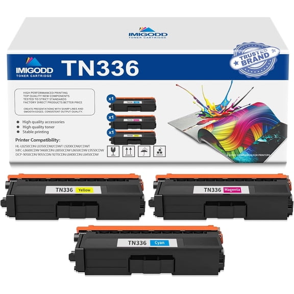 3-Pack TN336 C/M/Y Toner Cartridge Replacement for Brother with HL-L8250CDN L8350CDW/CDWT L9200CDW/CDWT MFC-L8600CDW 9460CDN L8850CDW L8650CDW L9550CDW DCP-9050CDN 9055CDN 9270CDN L8400CDN Printer