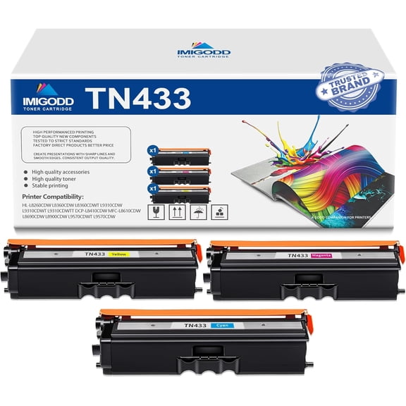 3-Pack TN433 C/M/Y Toner Cartridge Replacement for Brother with HL-L8260CDW L8360CDW L8360CDWT L9310CDW L9310CDWT L9310CDWTT DCP-L8410CDW MFC-L8610CDW L8690CDW L8900CDW L9570CDWT L9570CDW Printer