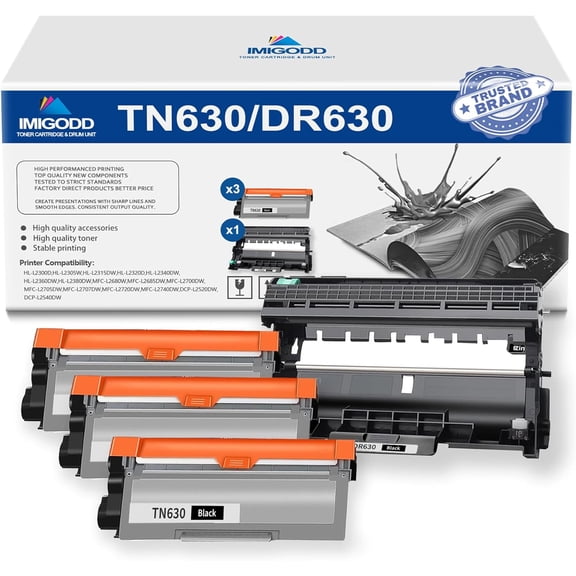 3-Pack TN630 Black Toner Cartridge & 1-Pack DR630 Black Drum Unit Replacement for Brother High Capacity with HL-L2300D L2305W L2315DW L2320D L2340DW L2360DW L2380DW MFC-L2680W L2685DW Printer
