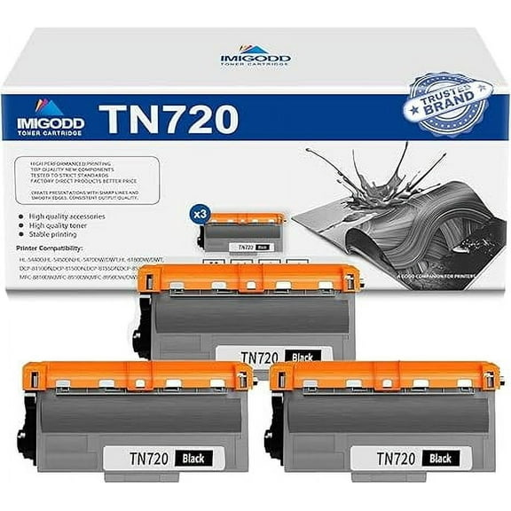 3-Pack TN720 Black Toner Cartridge Replacement for Brother High Capacity 4,000 Pages with HL-5440D 5450DN 5470DW/DWT 6180DW/DWT DCP-8110DN 8150DN 8155DN 8510DN MFC-8710DW 8810DW 8950DW/DWT Printer