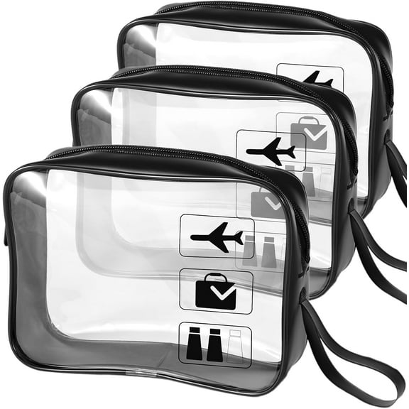3-Pack TSA Approved Clear Toiletry Bags - Quart Size Travel Cosmetic Bags with Wrist Strap for Airplane Carry On (Black, TSA Compliant for Men & Women) ﻿