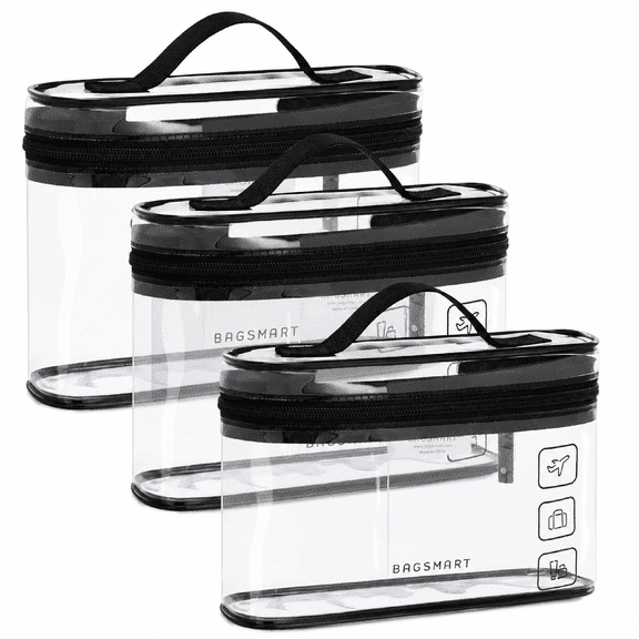 3 Pack TSA Approved Toiletry Bag Clear, Quart Size Makeup Cosmetic Bag Organizer for Travel Carry-on Accessories, Black