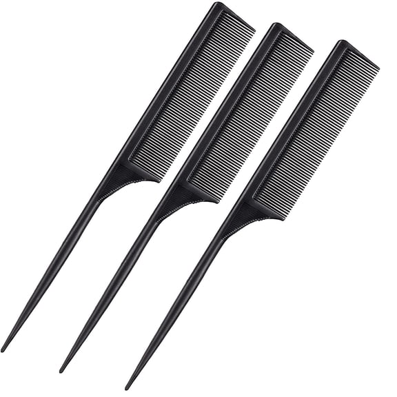 3 Pack Tail Comb Carbon Fiber Rat Tail Comb Set Heat Resistant Anti Static Styling Tail Comb for Hair Women Back Combing Root Teasing Adding Volume (Black)
