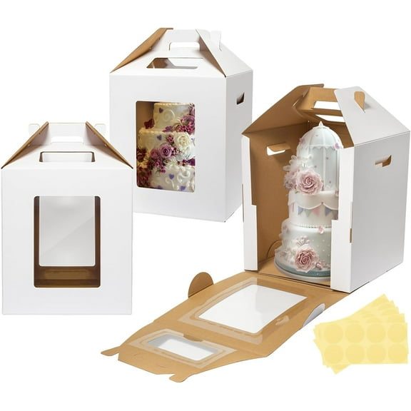 3 Pack Tall Cake Boxes for Tier Cakes 12x12x14 Inch Disposable Layer Tall Baking Carrier with Window Large Tierd Bakery Take Out Transport Containers with Handle for Wedding, Birthday, Party