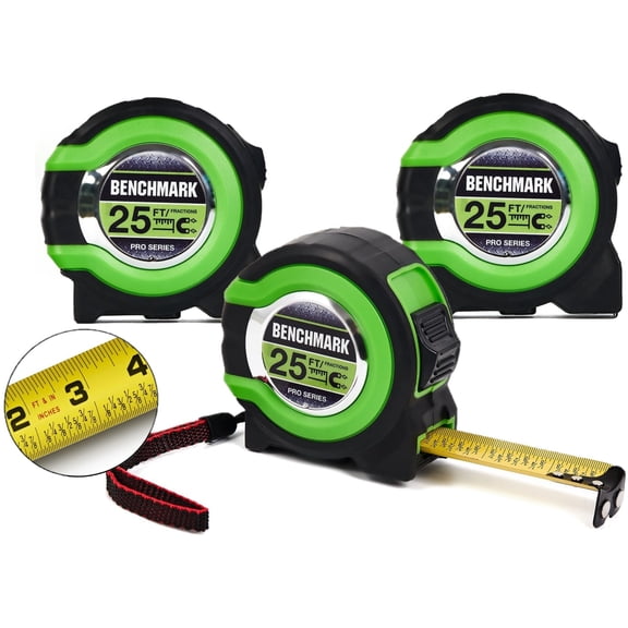 3 Pack - Tape Measures 25 ft - Easy to Read Fractions to 1/8th inch - Magnetic Tip - Thumb and Quick Lock - Autowind - Belt Clip - Green - Measuring Tape Retractable